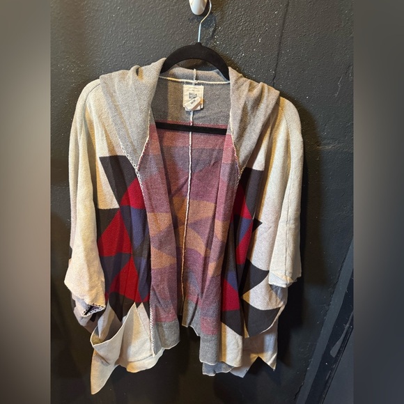 Billabong Sweaters - Billabong Cream, Blue and Red Hooded Short Sleeve Cardigan Size Medium